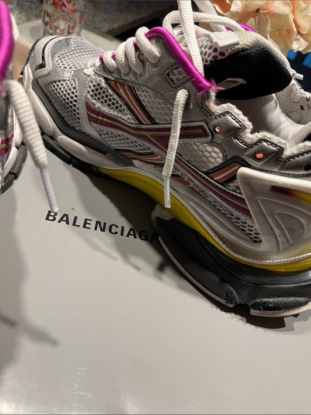 Balenciaga White Mesh Sneakers with Pink and Yellow Accents
